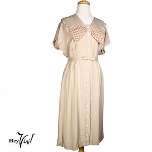 Vintage Reloms Dress Tan w Big Brown and White Check Bow Sz M B38 W34 - Hey Viv